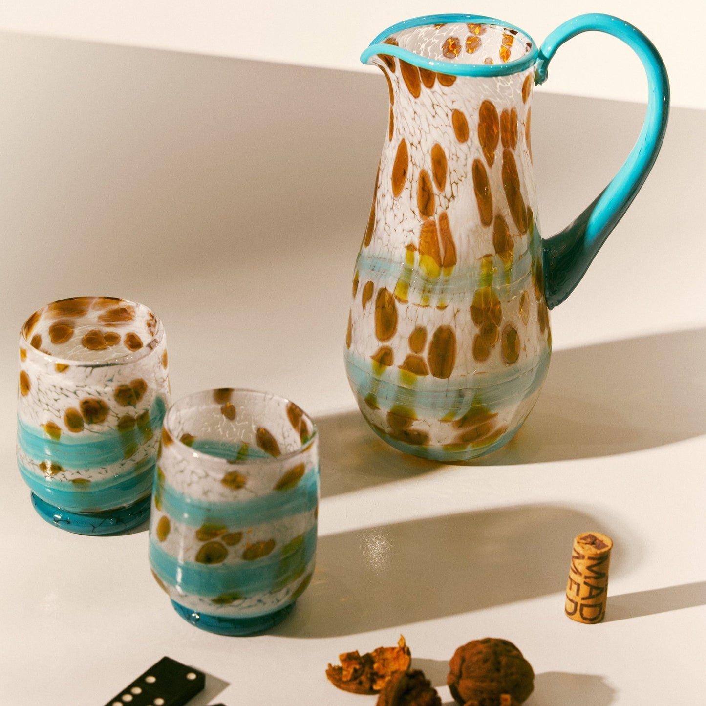 Handcrafted Turquoise & White Art Glass Pitcher